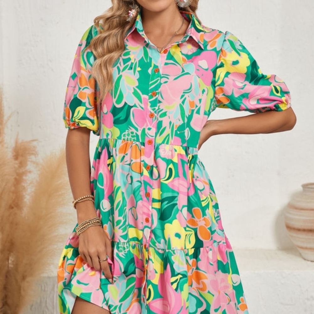 Vibrant Floral Dress with Puff Sleeves